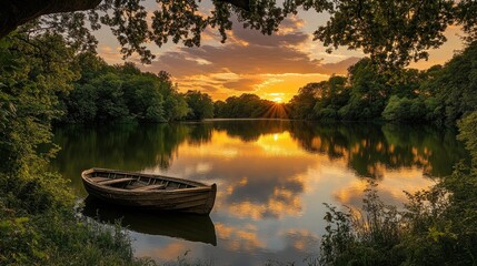 A wooden rowboat sits on the calm waters of a lake at sunset, with the sun shining through the trees and reflecting on the water.
