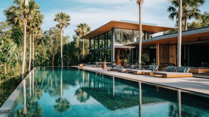 Modern tropical villa with a large swimming pool and palm trees.