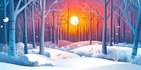 Obraz premium Stunning winter scenery showcasing a forest illuminated by sunlight, Beautiful winter landscape featuring a sunlit forest
