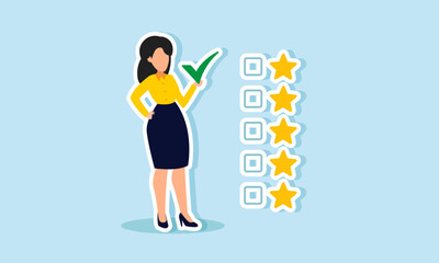 A businesswoman holding a checkmark stands next to a checklist and a star, illustration of the achievement of quality and business rating qualifications for the company