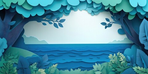 In the foreground, tree leaves are visible, while the sea or ocean stretches out in the background, Tree leaves in foreground with ocean in background