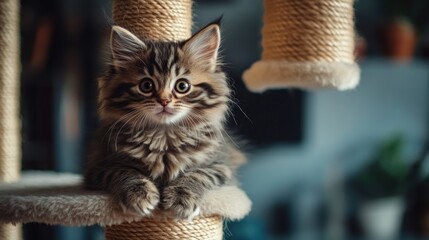 A cute fluffy kitten with big green eyes sits on a cat tree and looks directly at the camera.