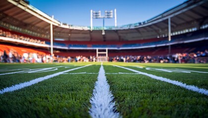Fototapeta premium Close-up view of the end zone in an American football stadium showcasing vibrant team colors during a game. Generative AI