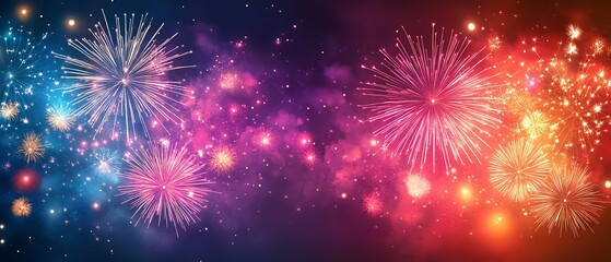 Fototapeta premium A breathtaking display of fireworks in the night sky, bright bursts of color creating a cheerful, festive atmosphere