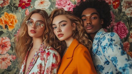 Fototapeta premium A collage of young people posing against vintage floral walls, wearing a variety of retro outfits, confident and smiling expressions.
