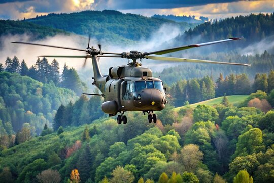 Military helicopter flying in sky with forest background - Powered by Adobe