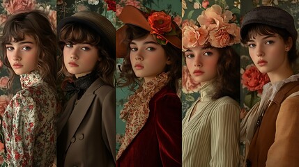 Naklejka premium A collage of youth dressed in retro attire against floral vintage backgrounds, confident poses, each outfit reflecting a different era. Warm,