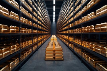 A vast reserve vault brimming with neatly arranged gold bars