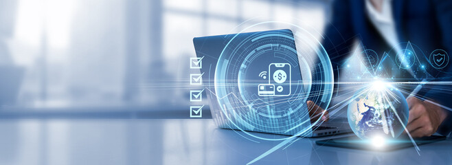 Digital Payments: Security, convenience, speed, transaction tracking, efficiency. Businessman...