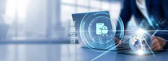 E-commerce: Transactions, online shopping, customer engagement, payment systems, analytics. Businessman selects checkbox and uses laptop analyzing data graph growth on global network.