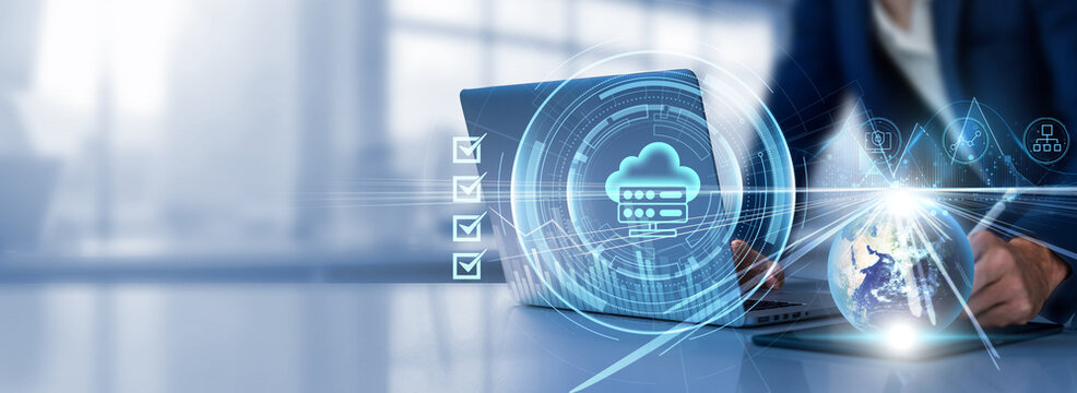 Hosting: Uptime, security, bandwidth, scalability, performance. Businessman selects a checkbox and uses a laptop analyzing data graph growth on global network.