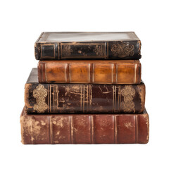 Stack Of Vintage Leather Books With Worn Covers On Transparent Background