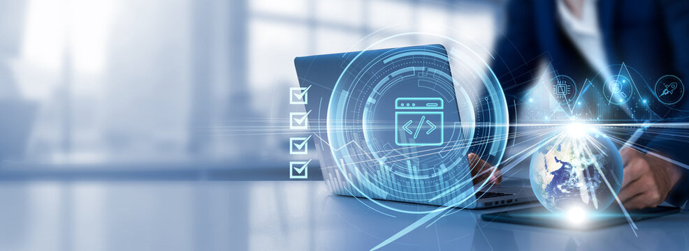 Web Development: Coding, design, user experience, database management, security. Businessman selects checkbox and uses laptop analyzing data graph growth on global network.