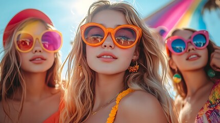 A group of teens posing confidently against rainbow-themed retro advertisements, vibrant colors and cheerful expressions, bold contrasts and dynamic lighting create a joyful, positive vibe --ar 16:9