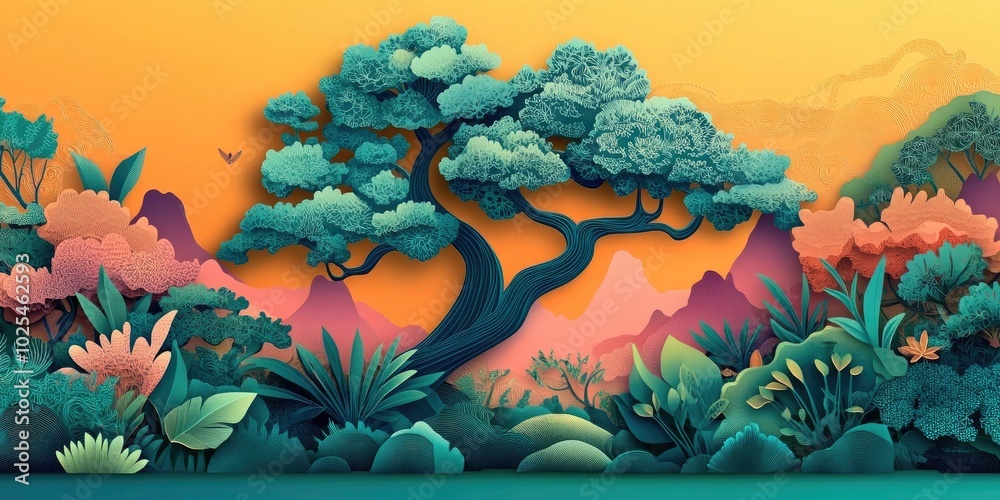Aufkleber Ancient tree backdrop in a garden setting, Ancient tree scenery in a garden environment