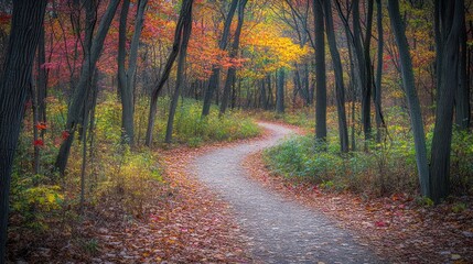 A winding path through a colorful autumn forest.