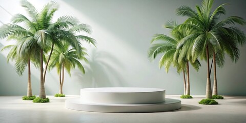 Obraz premium Minimal scene with round podium and palm trees