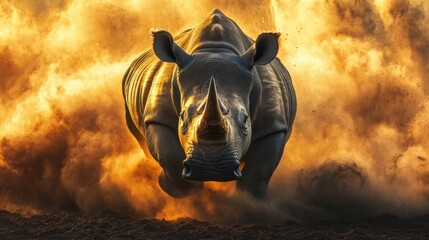 Rhino Charging Through Dust and Fire