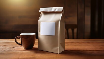 Glossy paper bag of coffee product displayed next to a warm cup on a wooden table in a cozy setting. Generative AI