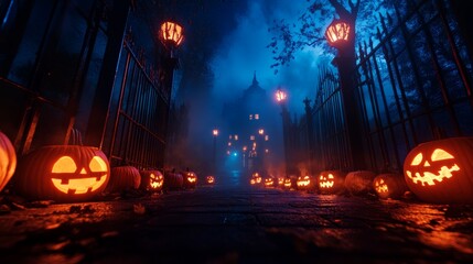 Naklejka premium Spooky Halloween Pathway with Jack-o'-Lanterns