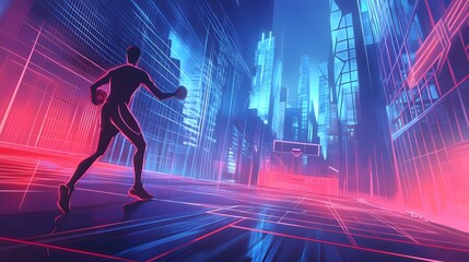 A Basketball Player Dribble in a Futuristic Cityscape