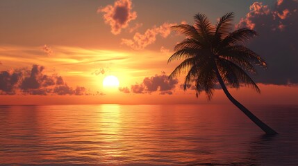 A Palm Tree Silhouette Against an Orange Sunset Over the Ocean
