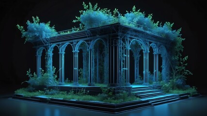 Obraz premium 3d wireframe model of a overgrown ruins design concept background