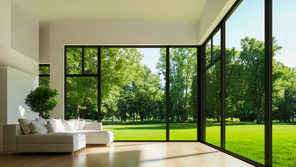 Obraz premium Modern living room with large glass windows offering scenic park view, natural light flooding the space.