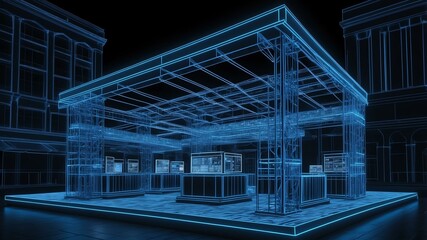 3d wireframe model of a market square design concept background