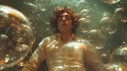 Man Surrounded by Bubbles in a Dreamlike Underwater Setting