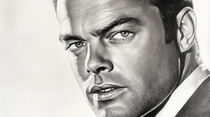 Obraz premium A black and white pencil drawing of a man with intense eyes, looking directly at the viewer.
