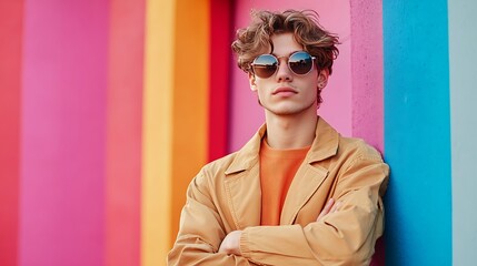 Portraits of confident youth in front of colorful, vintage pop art backgrounds, arms crossed, vibrant energy and bold contrasts, modern street fashion meets retro aesthetics --ar 16:9