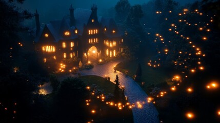 Enchanted Mansion with Glowing Lights at Dusk