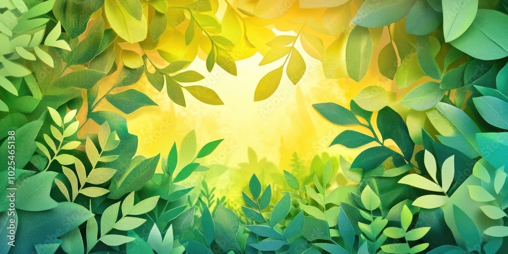 Poster Lush green leaves in a park setting with a blurred background on a sunny spring day, Lush green leaves in a park with a blurred background
