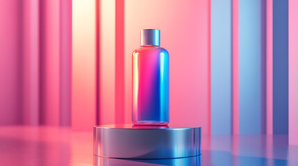 A bottle of iridescent liquid stands out against a pink and blue striped backdrop.
