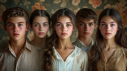 Obraz premium Portraits of young adults against vintage wallpaper backgrounds, subtle textures and soft color gradients, confident expressions and relaxed poses,