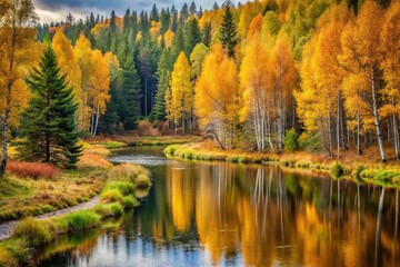 Minimalist autumn landscape with birch and pine trees by the river