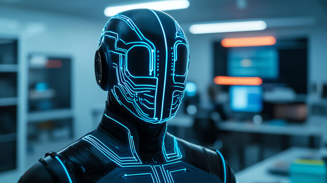 Sleek futuristic robot with glowing features in a modern workspace setting. Displays advanced AI technology and innovation.