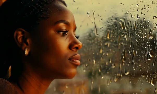 Ivorian Woman Enjoying Rainy Evening by the Window