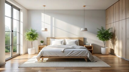 Minimalist bedroom with white bedding, natural light, and simple decor