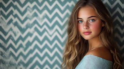Fototapeta premium Teens posing confidently in front of polka dot and chevron vintage backgrounds, vibrant colors and retro textures, relaxed poses and playful energy,
