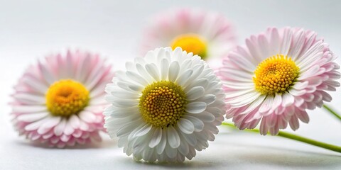 Obraz premium Minimalist bellis perennis flowers on white background macro shot of spring flowers