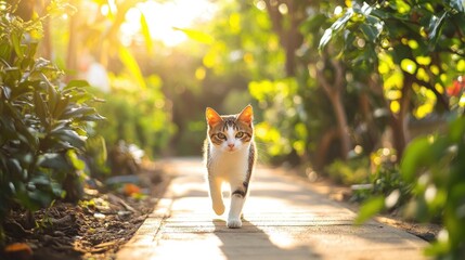 Cat Walking in a Sunlit Garden Pathway