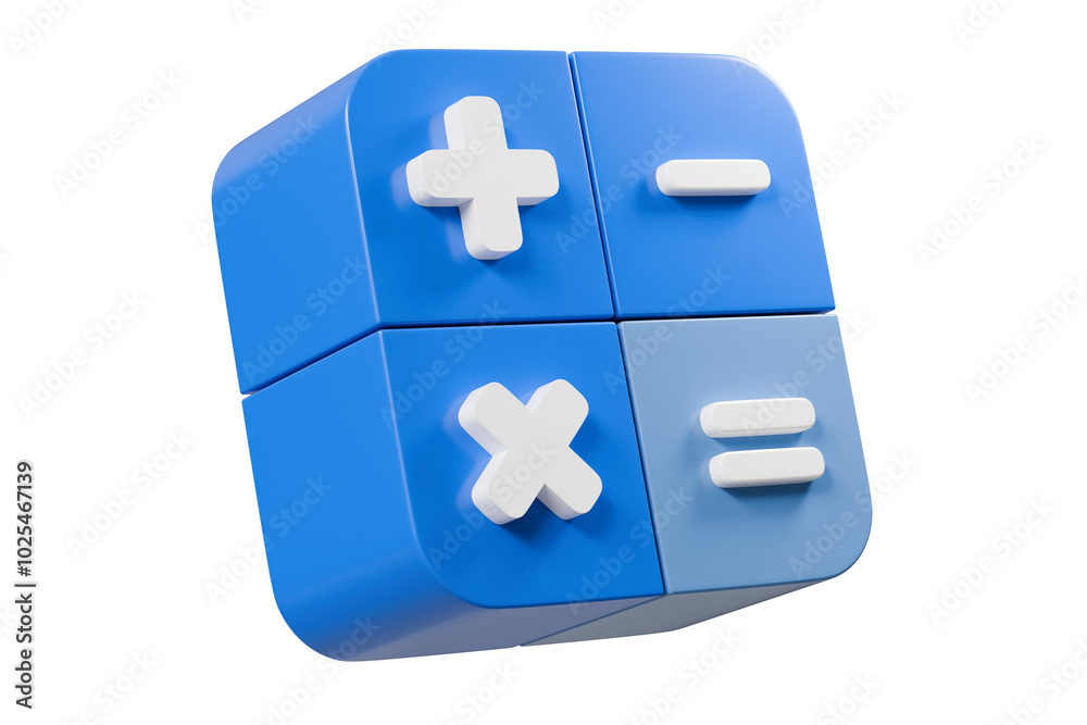Poster 3d calculator buttons with a plus, minus, multiply, and equal icon isolated on purple background. mo