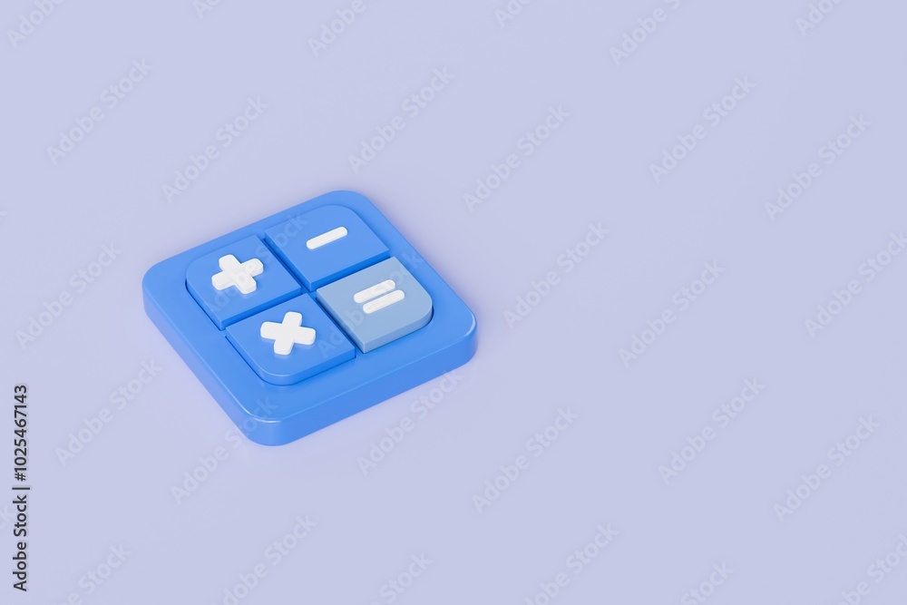 Poster 3d calculator buttons with a plus, minus, multiply, and equal icon isolated on purple background. mo