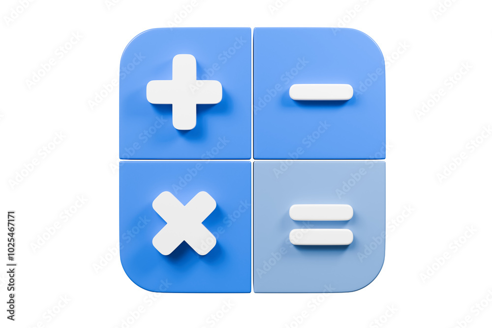 Poster 3d calculator buttons with a plus, minus, multiply, and equal icon isolated on purple background. mo