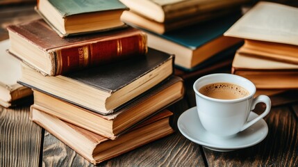 Fototapeta premium Cozy Reading Scene with Coffee and Old Books