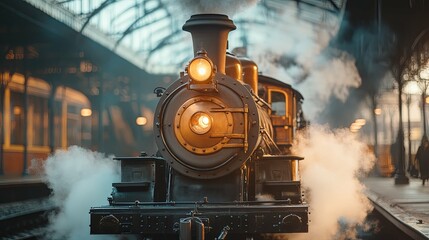 A steam train is at a station with smoke coming out of the front