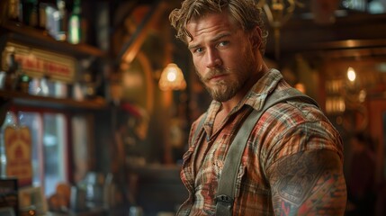 Fototapeta premium Handsome Man in Plaid Shirt and Suspenders at a Rustic Bar