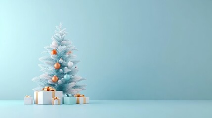 A snowy Christmas tree adorned with decorations and gifts on a blue background.